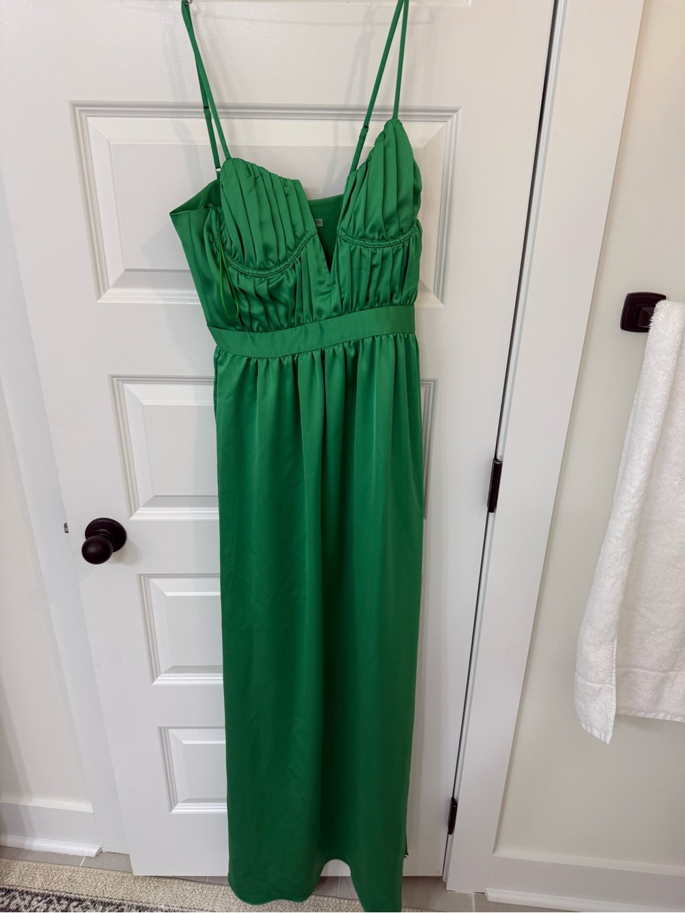 Ramy Brook Emerald Green Satin Maxi Dress with Pleated Bust